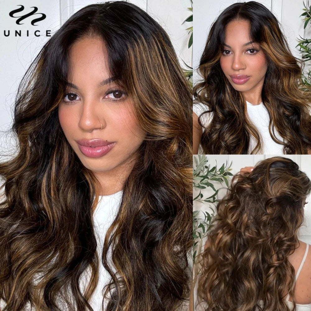 Unice Hair Brown Highlight Body Wave Human Hair Bundles 3PCS Deal 100% Human Hair Balayage Colored Bundles Sew In Weaves