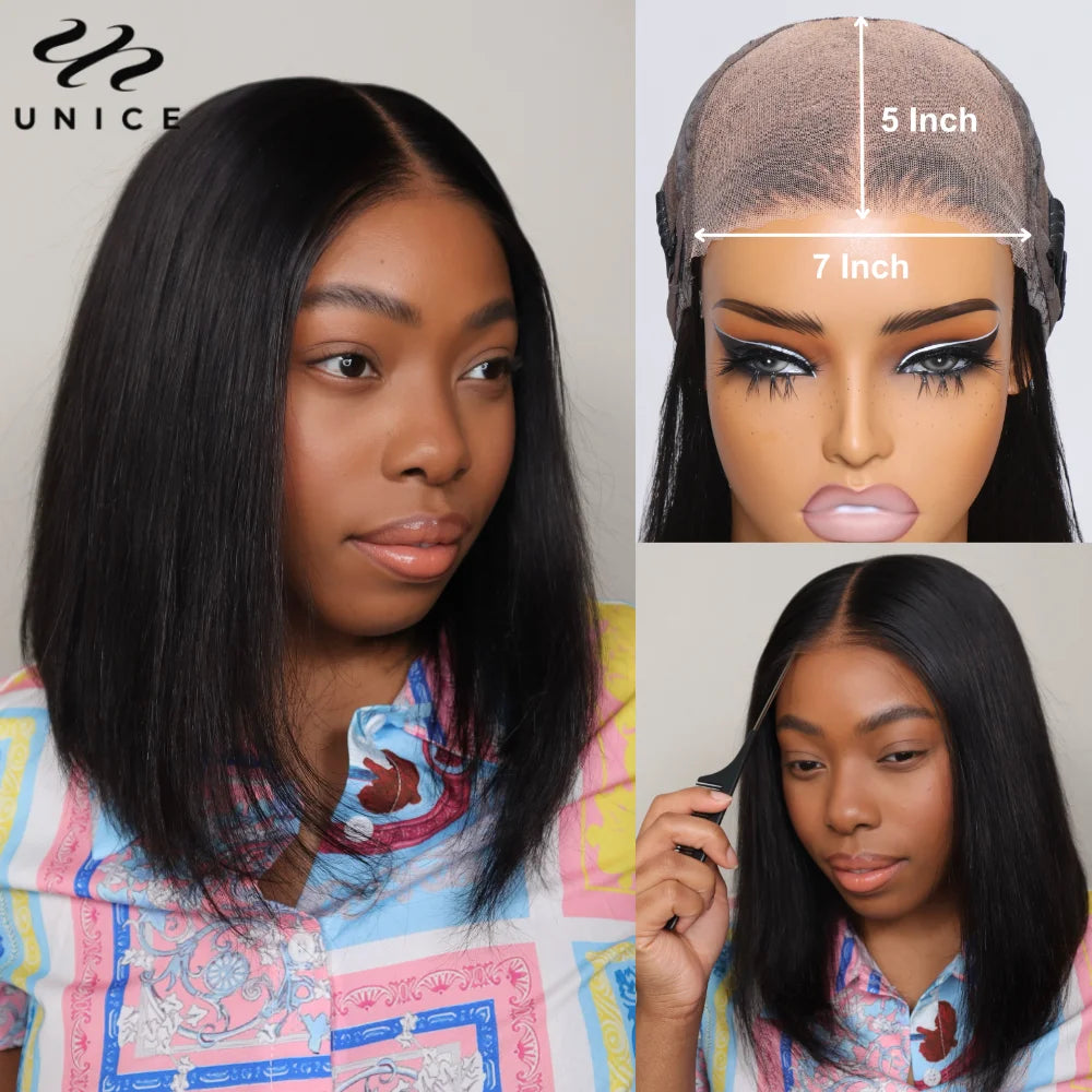UNice 7x5 Pre Cut Pre Bleached Glueless Wig Silky Straight Bob Wig Short Human Hair Bob Lace Front Wig Human Hair Ready To Wear