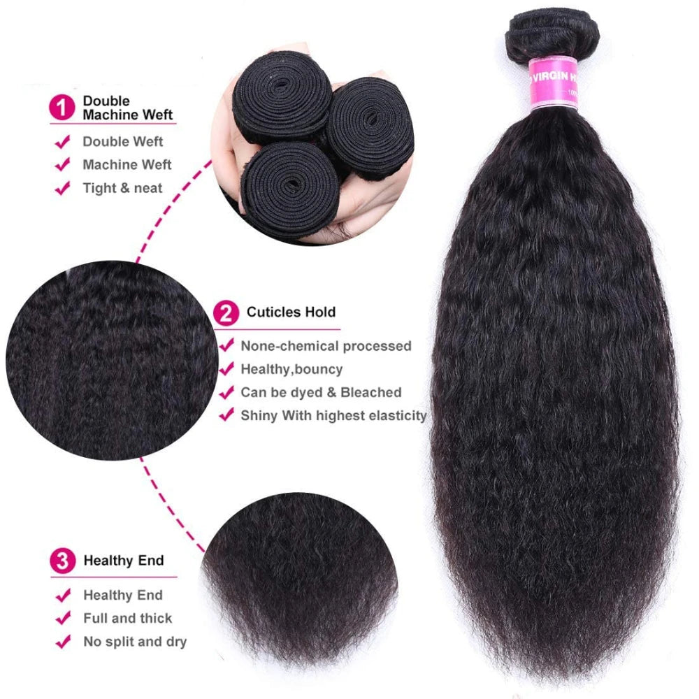 UNice Hair Kinky Straight Human Hair Bundles 3PCS Deal 100% Human Hair Natural Color Sew In Bundles Quick Weave