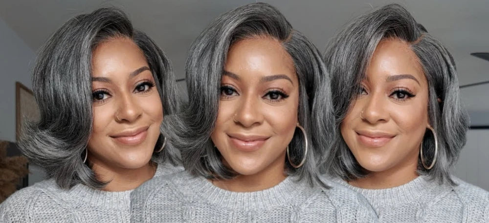 UNICE Hair Layered Blowout Salt & Pepper Glueless Human Hair Wig Pre Cut 6.5x1.5 Lace Short Bob Side Part Grey Wig 150% Density