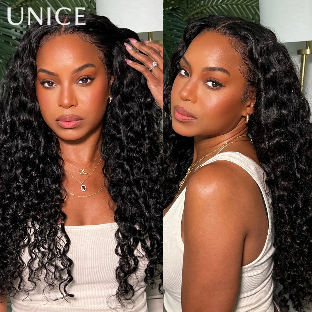 UNice Hair Bouncy Water Wave Curly V Part Wig With Drawstring Seamless Blend Human Hair Clip In Wig 150% Density
