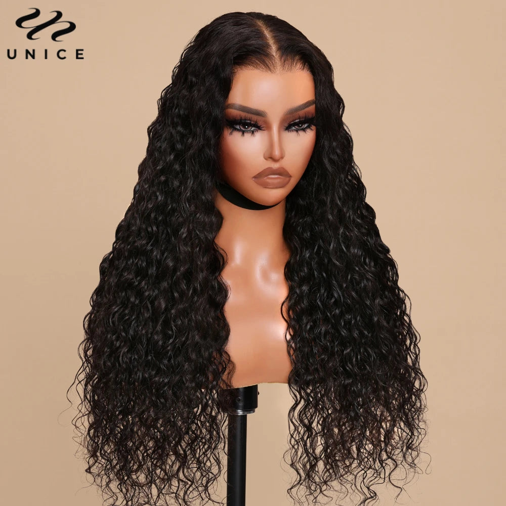 UNICE Upgrade Drawstring Water Wave 7x5 Glueless Wig Pre Cut Pre Bleached Lace Front Human Hair Wig Ready To Wear 180% Density