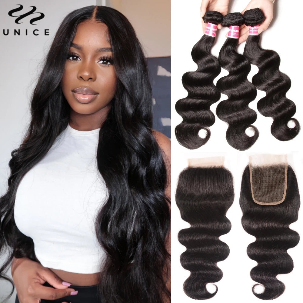 UNICE Hair Body Wave Human Hair Bundles 2/3/4 PCS With 13x4 Lace Frontal / 4X4 Lace Closure / 5x5 HD Lace Closure