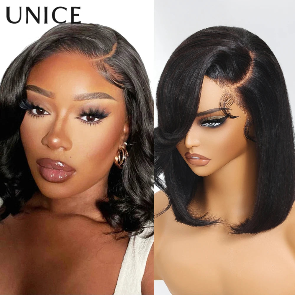 UNice 4x4 Lace Closure Bob Human Hair Wig With Side Swept Bangs & Bye Bye Knots 7x5 Lace Pre Cut Pre Bleached Glueless Wig