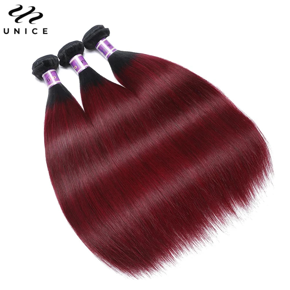 UNICE Hair 1B99J Straight Human Hair Bundles 1/3/4 PCS Deal Ombre Burgundy Pre Colored Burgundy 100% Human Hair Bundles