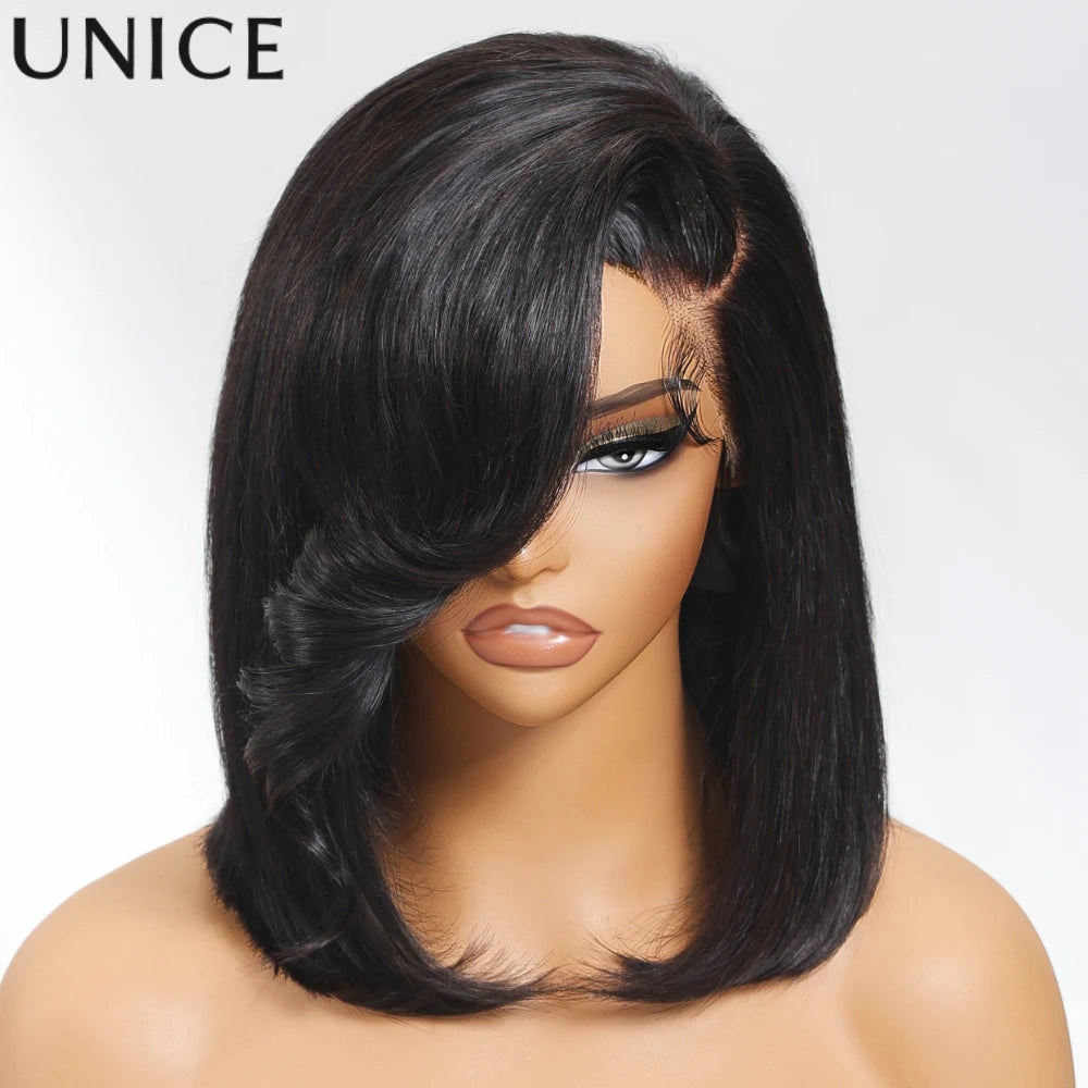 UNICE Hair 4x4 Lace Bob Wig With Side Swept Bangs Pre Cut Pre Bleached Glueless Wig Human Hair Ready To Wear 150% Density