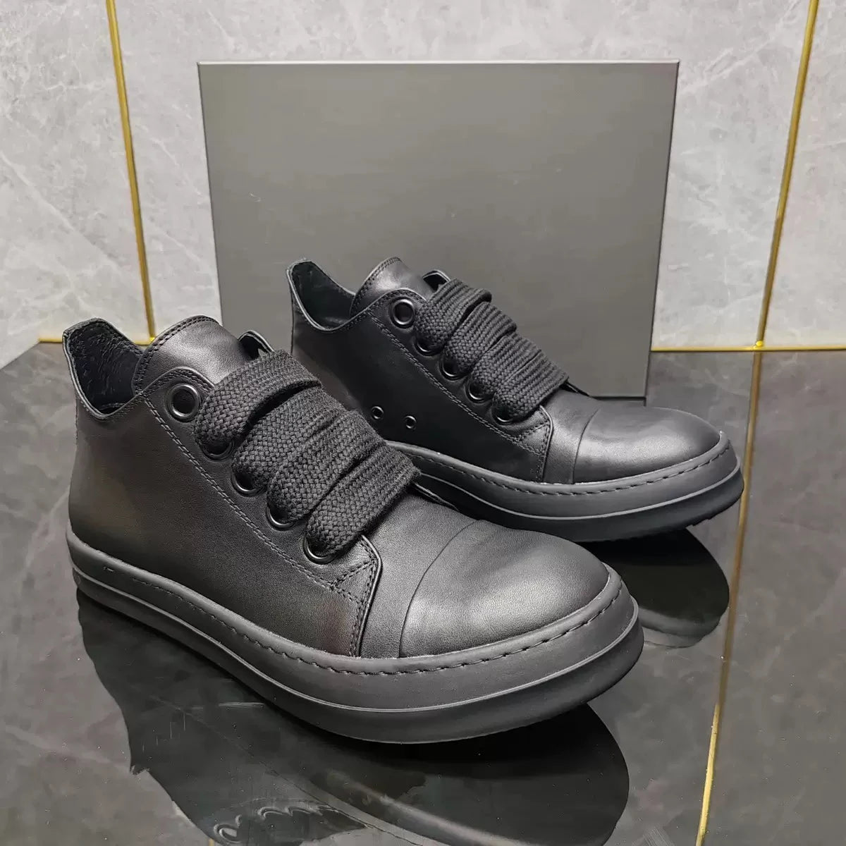 Designer Style Men's Leather Shoes Couples Retro Low-top Board Shoes Hip Hop Platform Sneakers Black