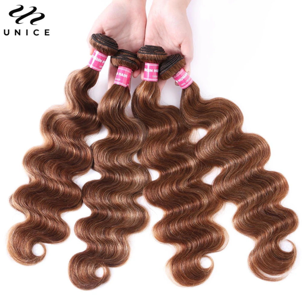 Unice Hair Blonde Highlight Body Wave Human Hair Bundles 1/3/4 Bundles 100% Human Hair Quick Weave Sew In Hair Extensions