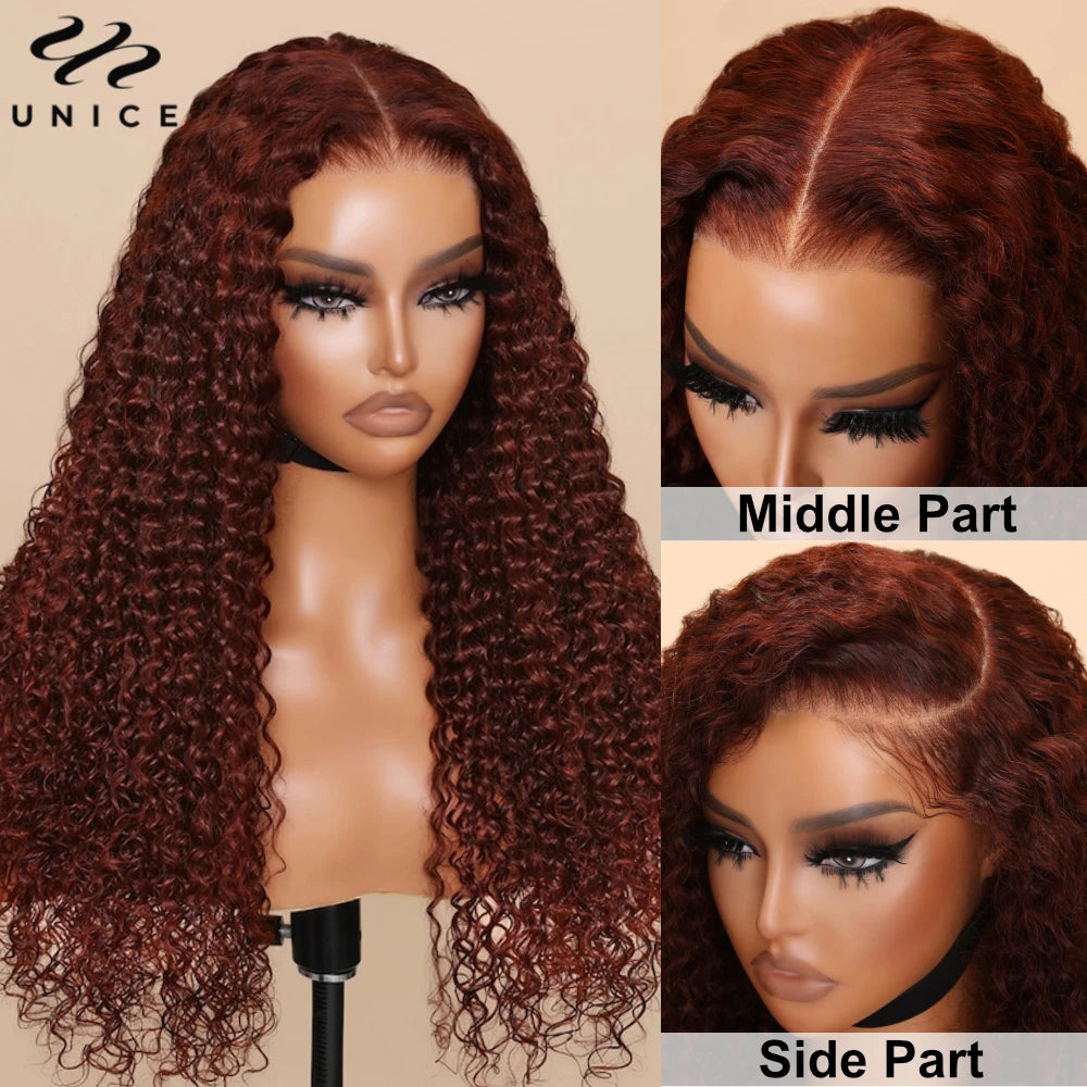 UNice Hair Bye-Bye Knots Wig Reddish Brown Curly 7x5 Glueless Wig Human Hair Pre Cut Pre Bleached Lace Front Human Hair Wigs