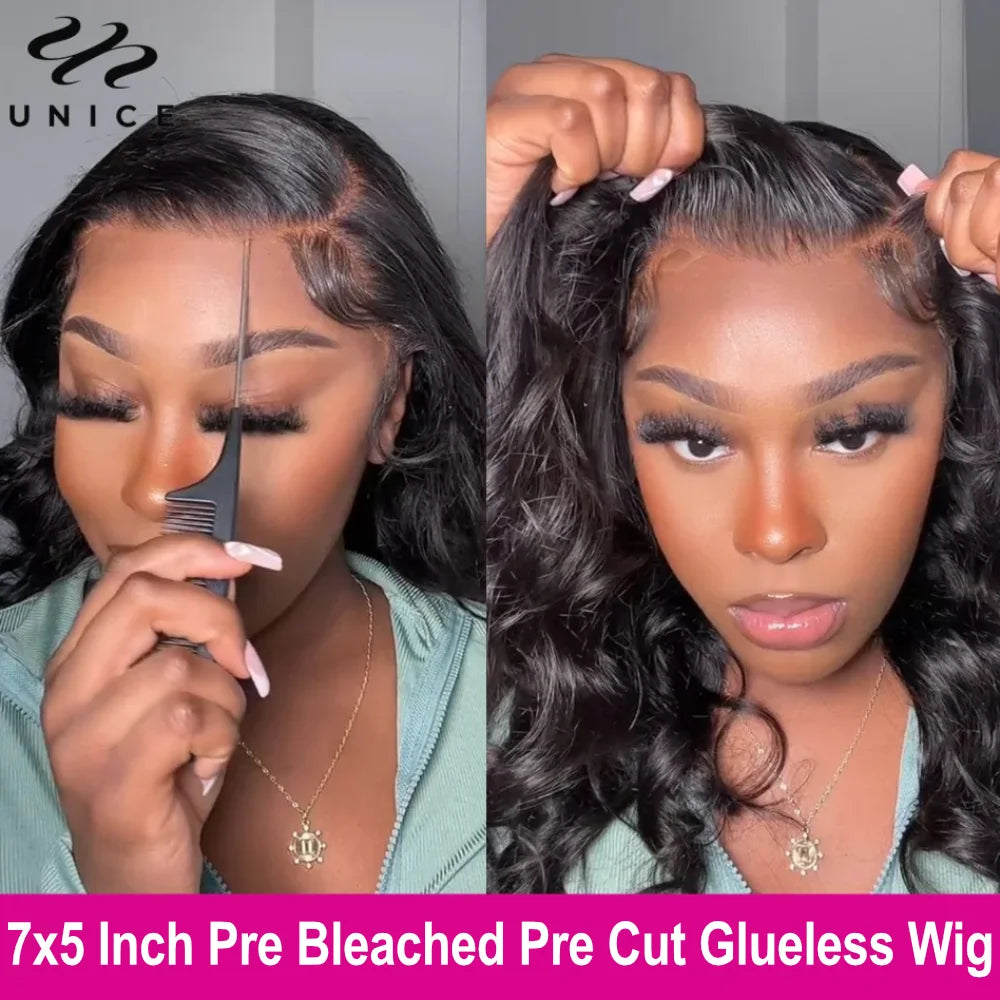 UNice 7x5 Glueless Wig Pre Bleached Pre Cut Pre Plucked Body Wave Human Hair Lace Wig Ready To Wear Go Lace Closure Wig