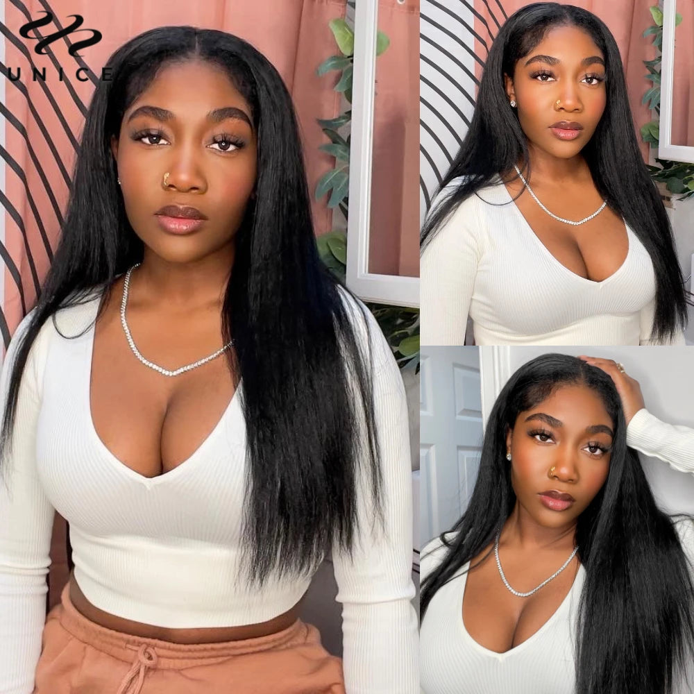UNICE Hair Kinky Straight Human Hair Bundles 1/3/4 PCS Deal Natural Color 100% Human Hair 100Grams Per Bundle Sew In Weaves