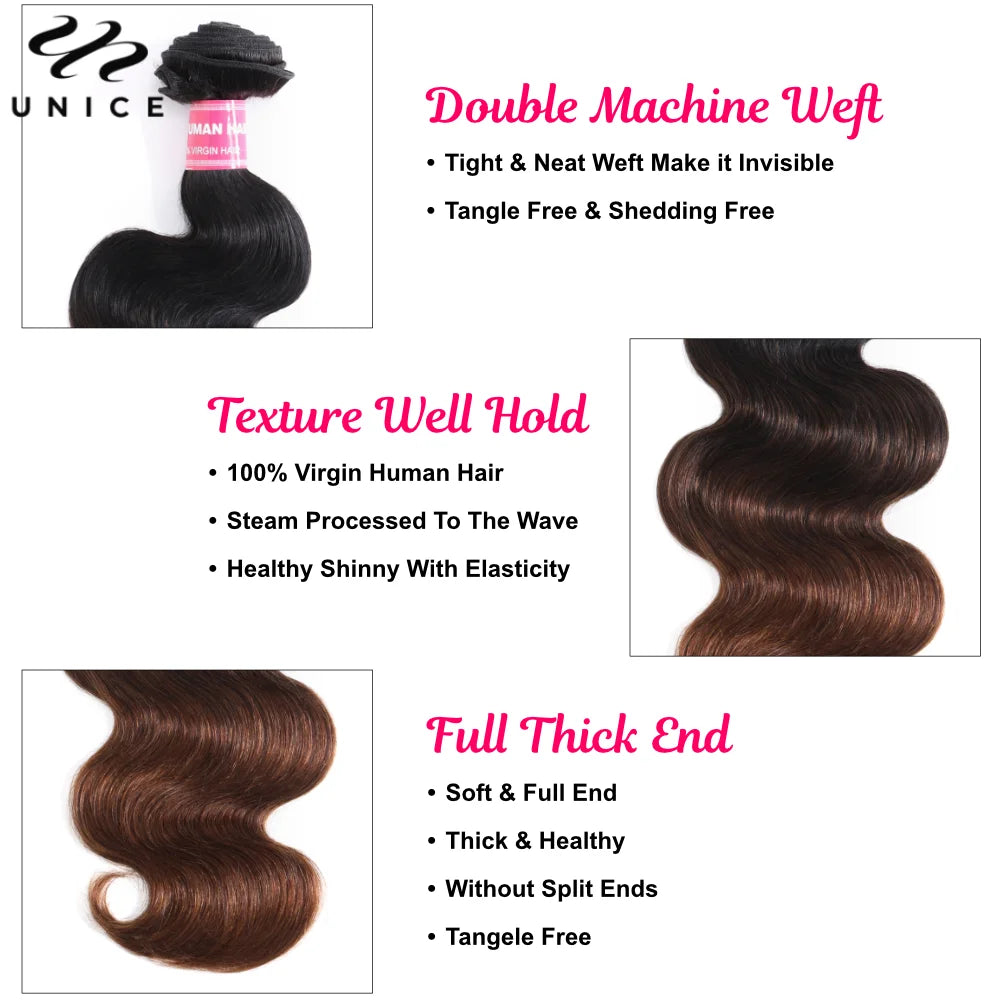 UNice Hair Chestnut Brown Ombre Body Wave Bundles 1/3/4 PCS Deal 100% Human Hair Bundles Sew In Quick Weaves 8-26 Inch