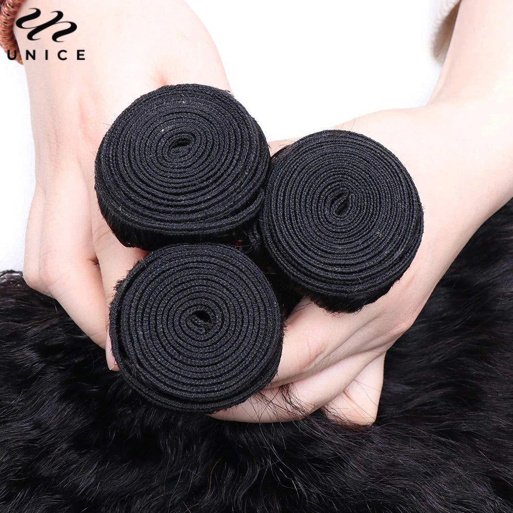 UNice Hair Kinky Straight Human Hair Bundles 3PCS Deal 100% Human Hair Natural Color Sew In Bundles Quick Weave