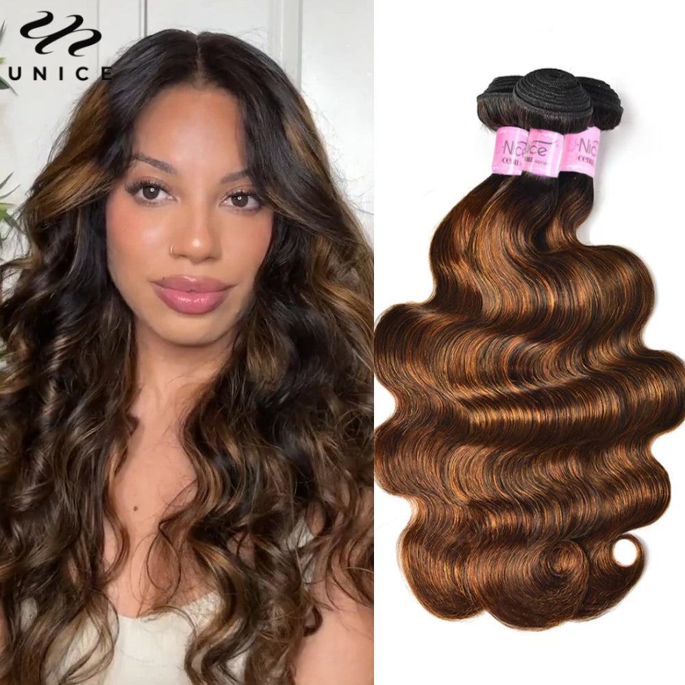 Unice Hair Brown Highlight Body Wave Human Hair Bundles 3PCS Deal 100% Human Hair Balayage Colored Bundles Sew In Weaves