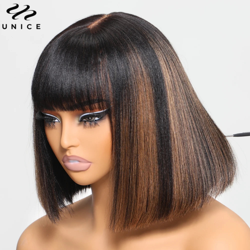 Unice Hair Yaki Straight Bob Wig With Bangs Real Scalp Middle Part 4x2 Lace Glueless Wig Human Hair Ready To Wear 150% Density