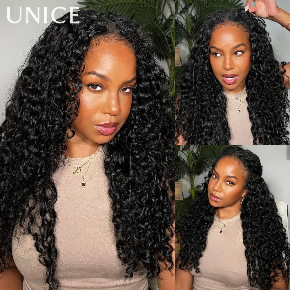 UNice Hair Bouncy Water Wave Curly V Part Wig With Drawstring Seamless Blend Human Hair Clip In Wig 150% Density