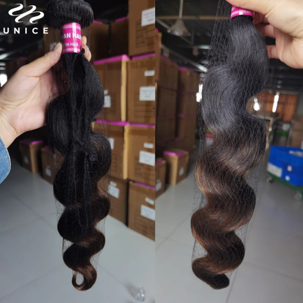 UNice Hair Ombre Brown Body Wave Bundles 4PCS With Black Root 100% Human Hair Bundles Quick Weave Traditional Sew In  Bundles