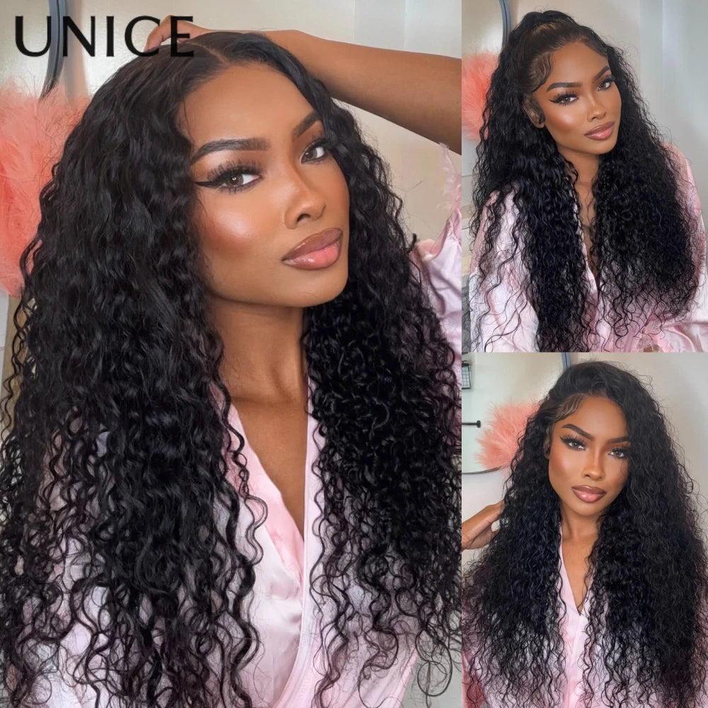 UNice Bouncy Water Wave Curly Wig With Invisi Drawstring 7x5 & 13x4 Pre Cut Pre Bleached Glueless Wig Human Hair 150% Density