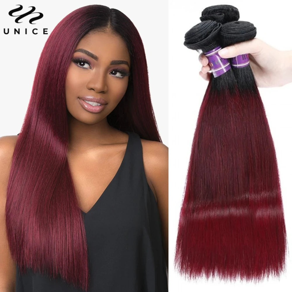 UNICE Hair 1B99J Straight Human Hair Bundles 1/3/4 PCS Deal Ombre Burgundy Pre Colored Burgundy 100% Human Hair Bundles
