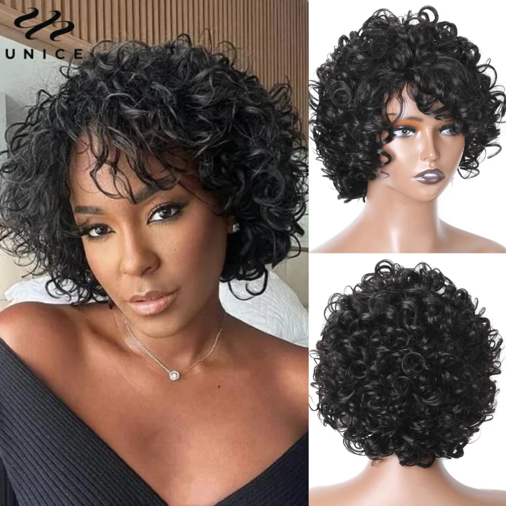 Unice Hair Curly Human Hair Wigs Pixie Cut Bob Wig 10 Inch Full Machine Made Short Human Hair Wigs