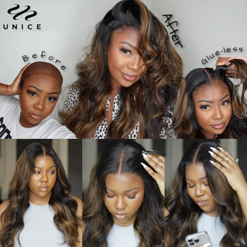 Unice Hair Balayage 3D Body Wave Wig Pre Cut Pre Bleached 7x5 13x4 Lace Frontal Human Hair Wig Pre Plucked Wear Go Glueless Wig