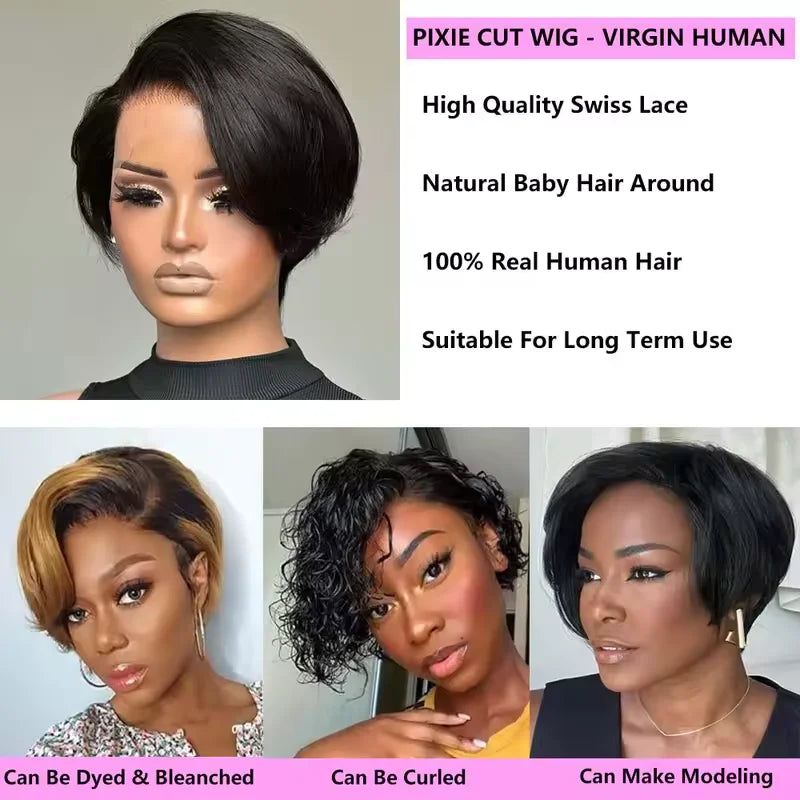 Short Straight Pixie Cut 13*4 Lace Frontal Human Hair Wig Preplucked for Black Women Transparent Lace Closure Short Wig