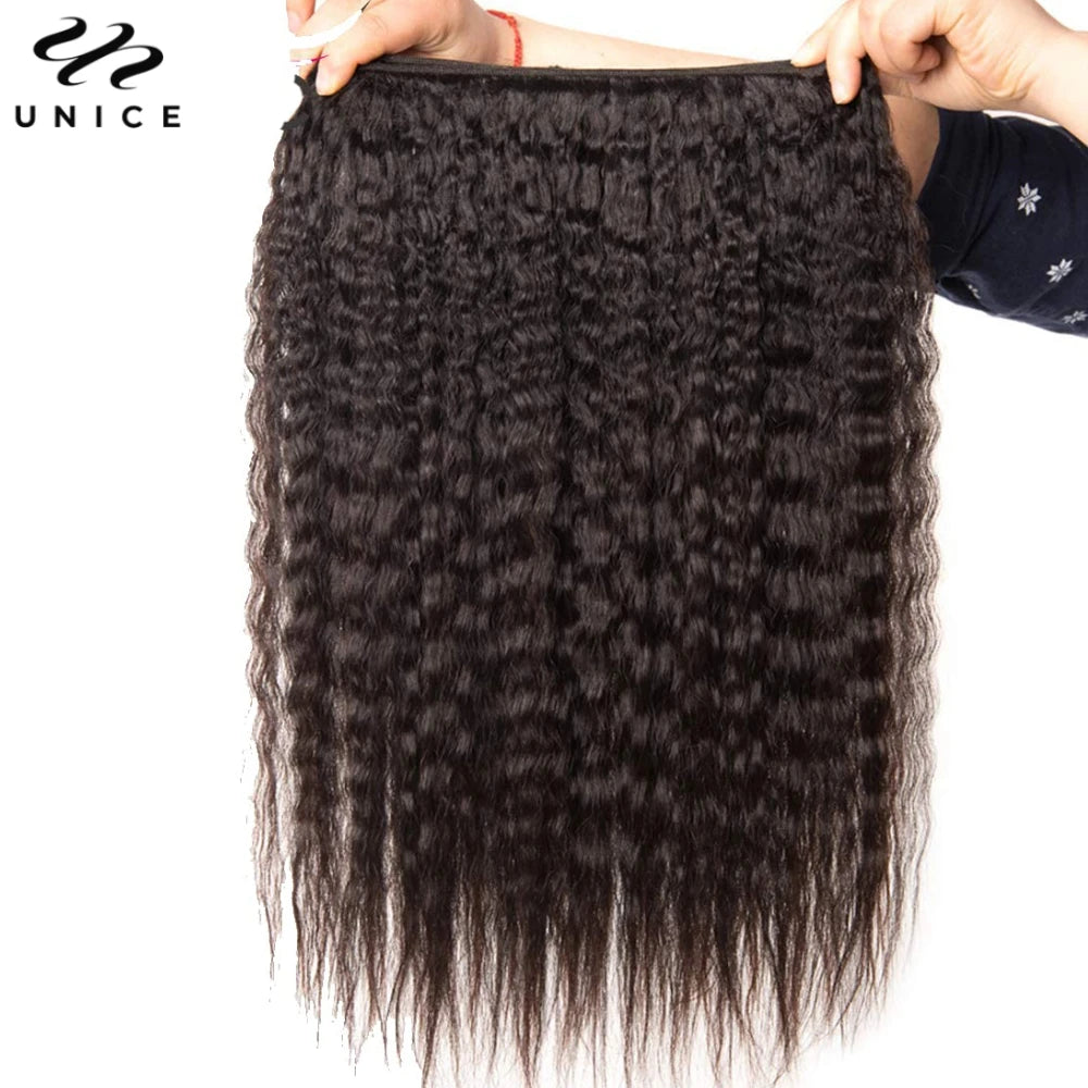 UNice Hair Kinky Straight Human Hair Bundles 3PCS Deal 100% Human Hair Natural Color Sew In Bundles Quick Weave