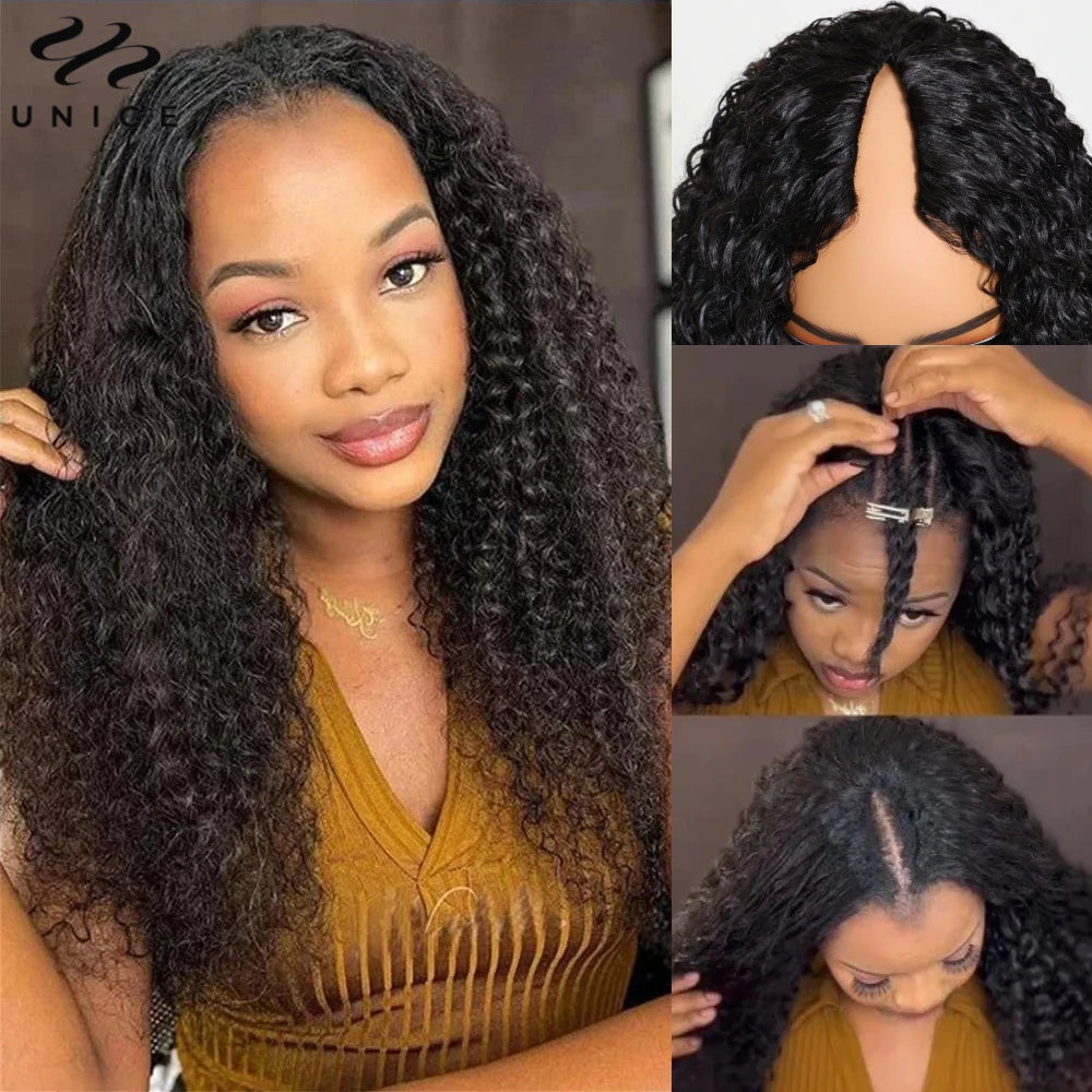 Unice Hair Curly V Part Wig With Elastic Drawstring Fit For All Head Sizes 100% Human Hair Wig No Glue 150% Density 30 Inch