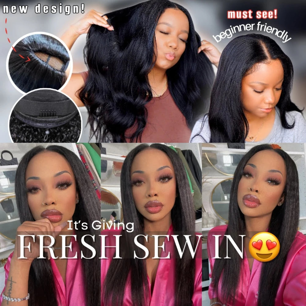 Unice Hair EasiContour Yaki Straight V Part Wig 100% Human Hair Clip In Half Wig No Glue Mini Leave Out Wig Read To Wear Go