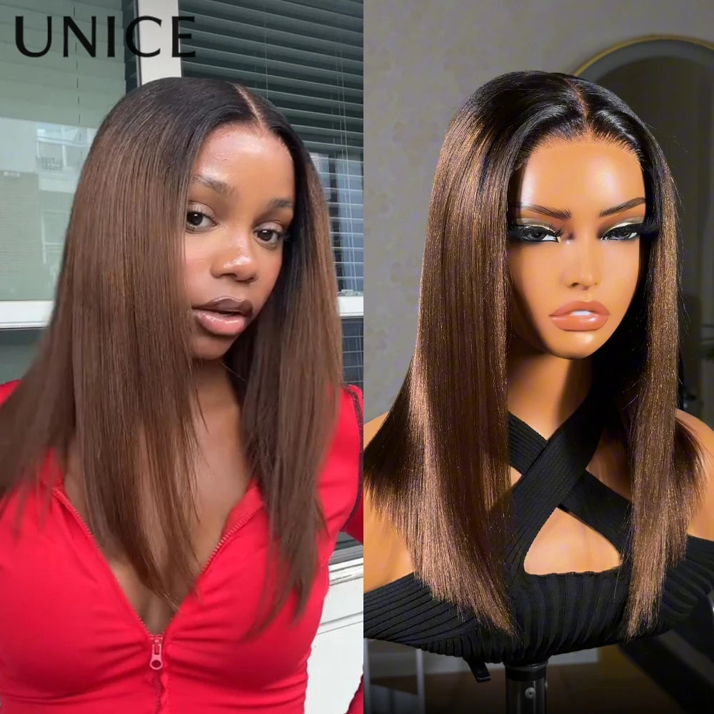 Unice Hair 7x5 Bye-Bye Knots Chestnut Brown Ombre Yaki Straight Bob Wig Human Hair Pre Cut Pre Bleached Glueless Wig