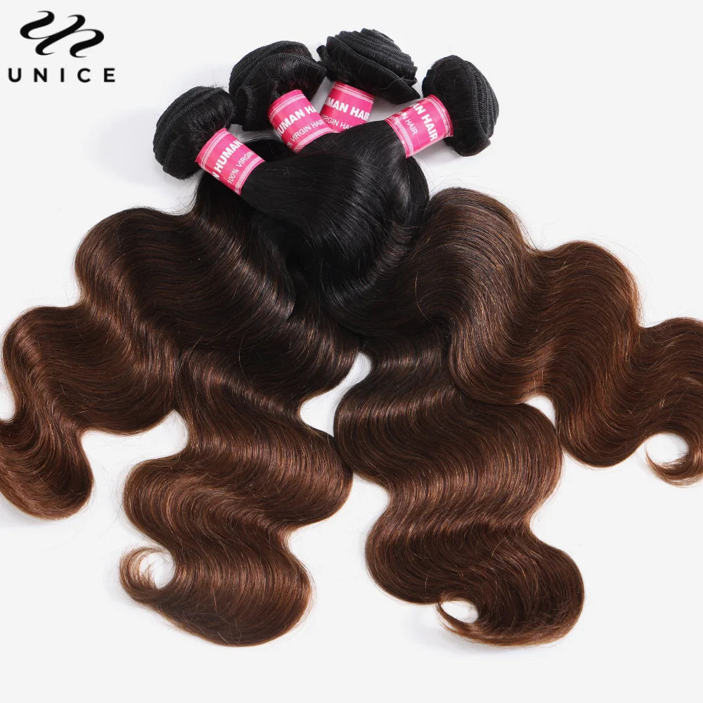 UNice Hair Ombre Brown Body Wave Bundles 4PCS With Black Root 100% Human Hair Bundles Quick Weave Traditional Sew In  Bundles