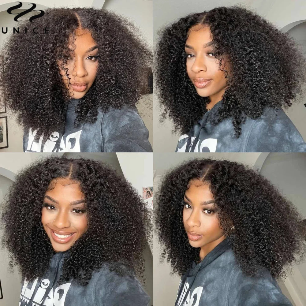 Unice Hair Realistic Edges Kinky Curly Wig Pre Cut Pre Bleached 7x5 Lace Closure Glueless Wig Human Hair Ready To Wear