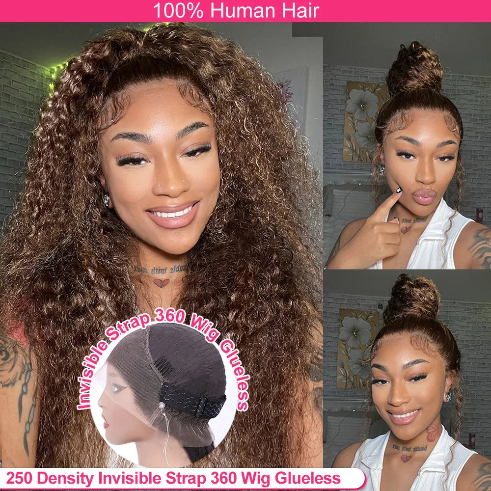 Deep Wave 13x6 HD Lace Frontal Wig Invisible Strap 360 Full Lace Wig Glueless Human Hair Wig Chocolate Brown Lace Front Wig