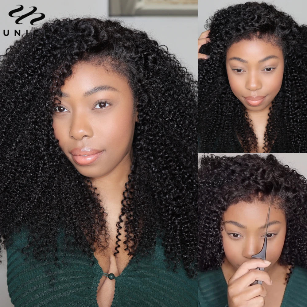 Unice Hair Realistic Edges Kinky Curly Wig Pre Cut Pre Bleached 7x5 Lace Closure Glueless Wig Human Hair Ready To Wear
