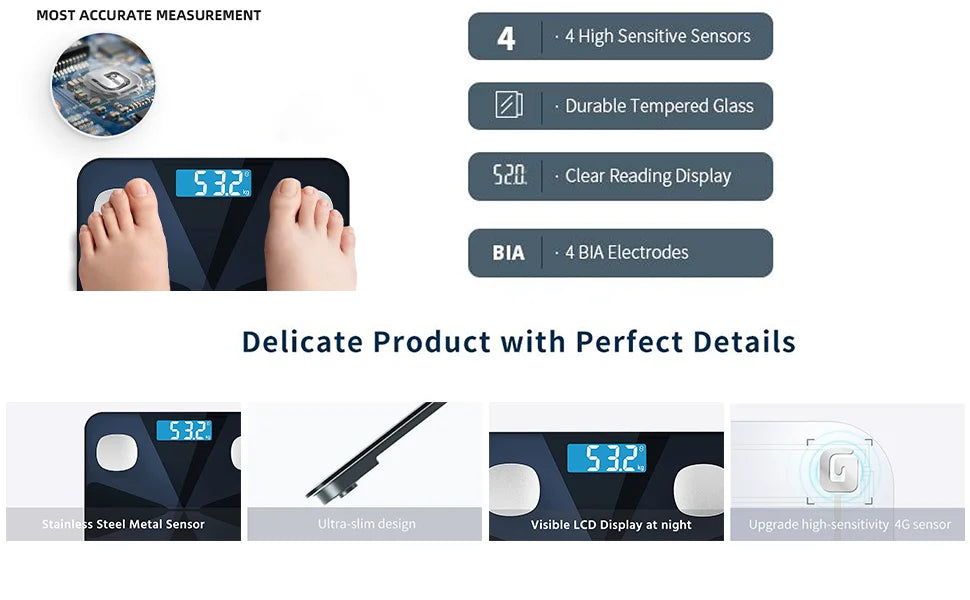 Electronics Smart Glass Modern LCD Bathroom Kitchen Scale 180 kg 100 g for Digital Body Fat BMI Sensor App-Connected