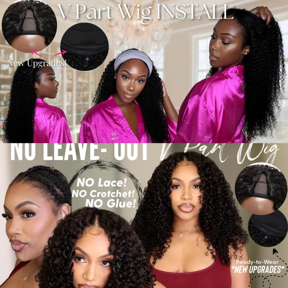 Unice Hair Curly V Part Wig With Elastic Drawstring Fit For All Head Sizes 100% Human Hair Wig No Glue 150% Density 30 Inch