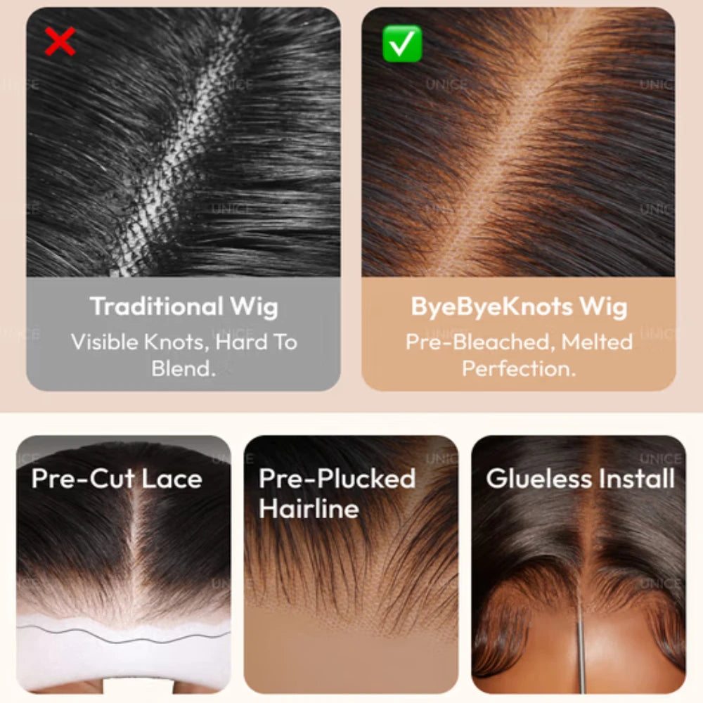 UNice Hair 7x5 Bye Bye Knots Balayage Highlight Body Wave Wig Pre Cut Pre Bleached Glueless Wig Human Hair 150% Density