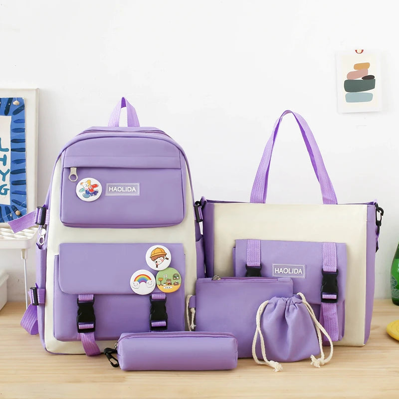 Five-Piece Schoolbag Student Korean Style Backpack Simple Cute Large-Capacity Backpack Wholesale 932