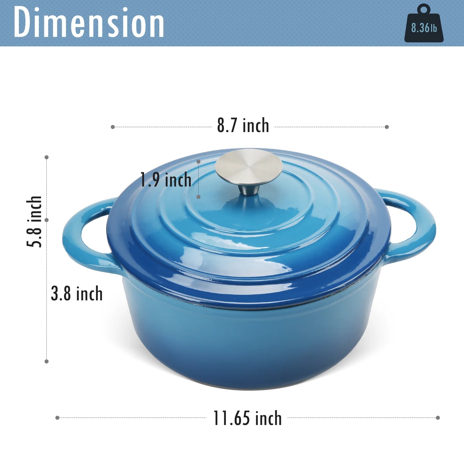 24cm 4L Blue Casserole Dish Cooking Stewing Pot Bread Baking Roasting Dish Enamelled Cast Iron Round Dutch Oven