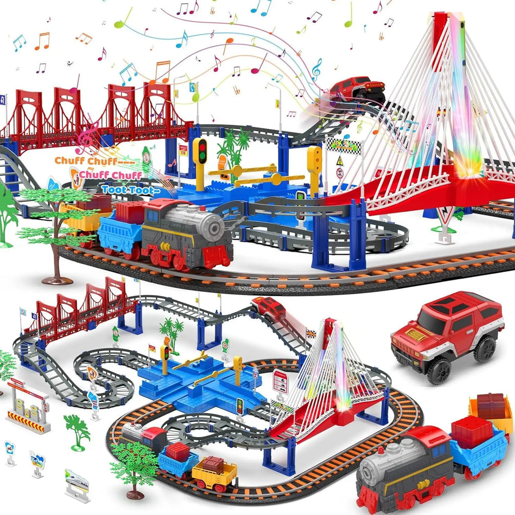 HW Train Car Sets for Toddlers Electric Toy Train Track Set with LED Bridge Electric Car and Train Sets Toys for Boys Girls Kids