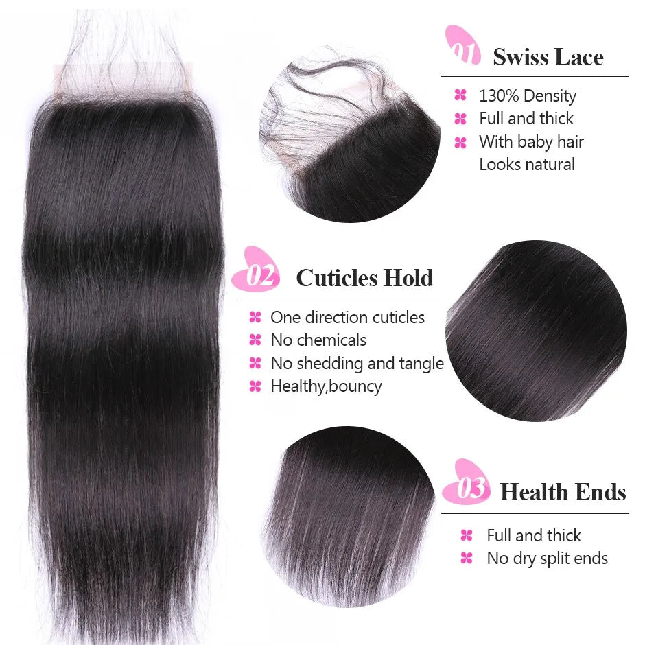 ISEE HAIR Peruvian Straight Hair Lace Closure HD 4"*4" Free Part 100% Remy Human Hair Medium Brown Lace Closure