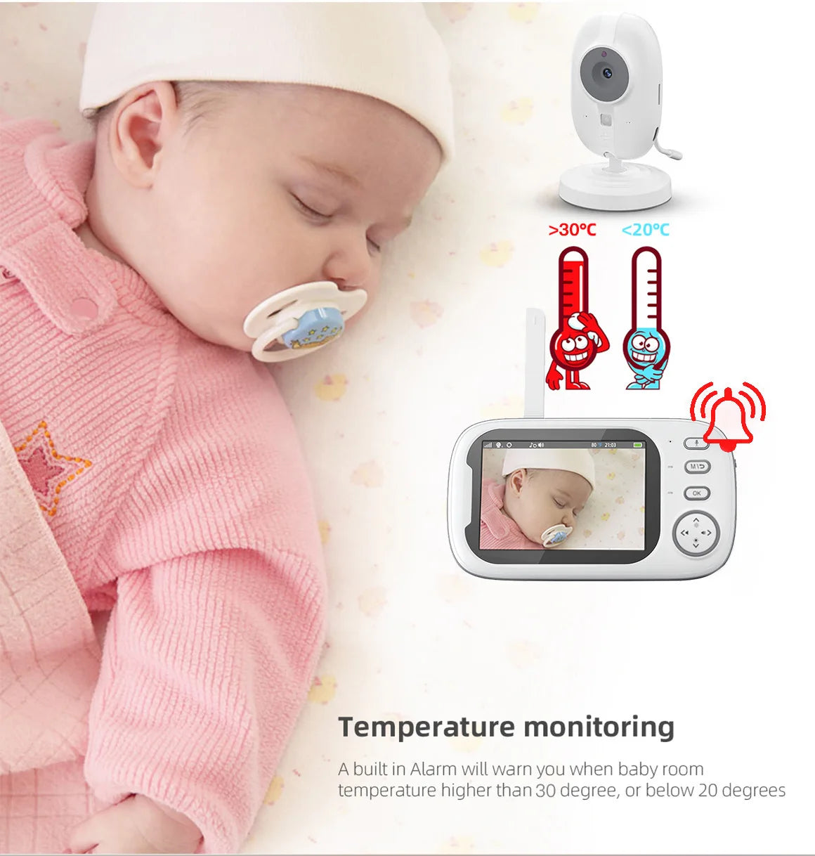 Plastic Baby Monitor with Camera and Audio 3.5" Screen Portable Night Vision 2-Way Audio Temperature Sensor
