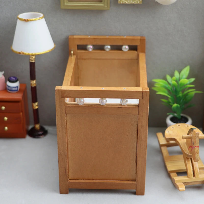 1:12 Doll House Dollhouse Mini Furniture Children's Room Pure Chestnut Crib White Mattress Small Bed