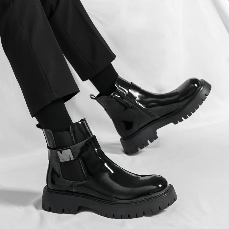 New Patent Leather Platform Men's Ankle Boots Plus Size Round Toe Men chelsea Boots Leather Boots Men