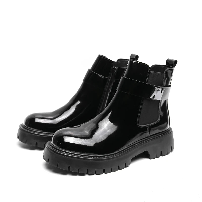 New Patent Leather Platform Men's Ankle Boots Plus Size Round Toe Men chelsea Boots Leather Boots Men
