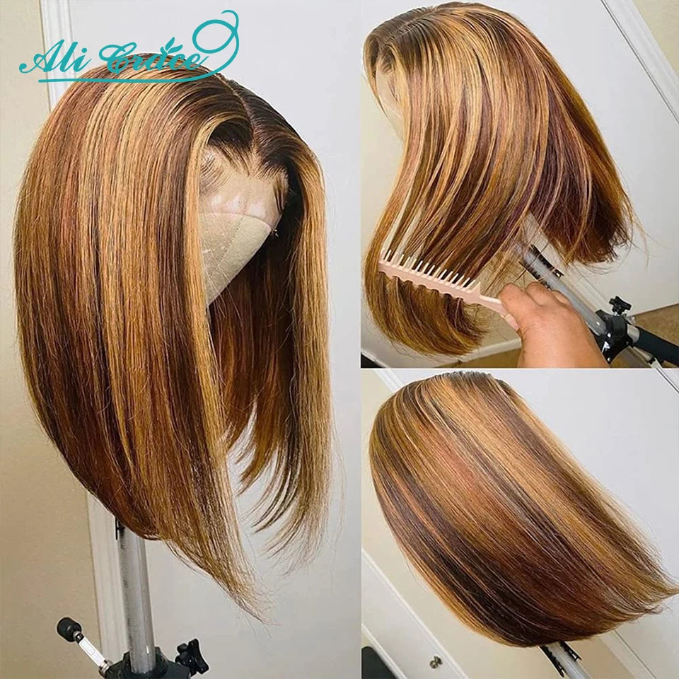 Ali Grace Highlight Brown Wig Straight Short Bob Wigs Ombre Color Human Hair Wigs 4X4 Lace Closure Wig Blunt Bob Wig Pre-Plucked