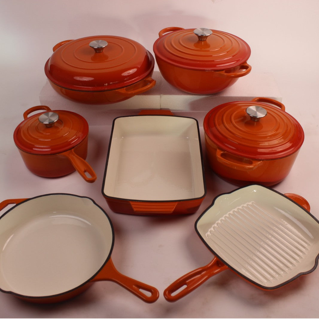 14-Piece Modern Design Cast Iron Enamel Pot Set for Kitchen Use Parties Includes Frying Pan Stew Pot Seafood Pot Food Storage