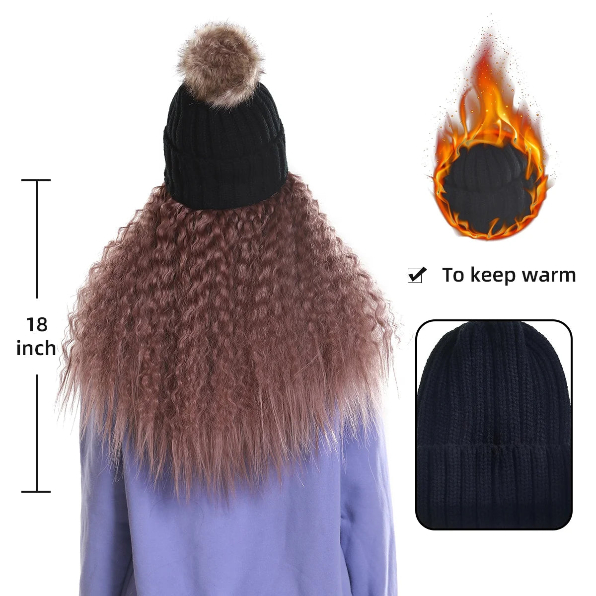 Fashion Warm Winter Beanie Kinky Curly Hair Wig Attached Hat Cap With Hair Natural Brown Long Synthetic Wig for Black Women