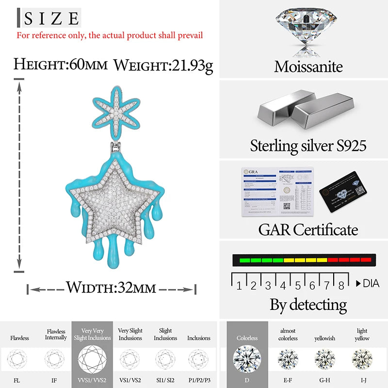 New Arrival Glow in the Dark Enamel Plated Star Pendant Hip Hop Jewelry Silver 925 VVS Moissanite Diamond Iced Out Fine Jewelry
