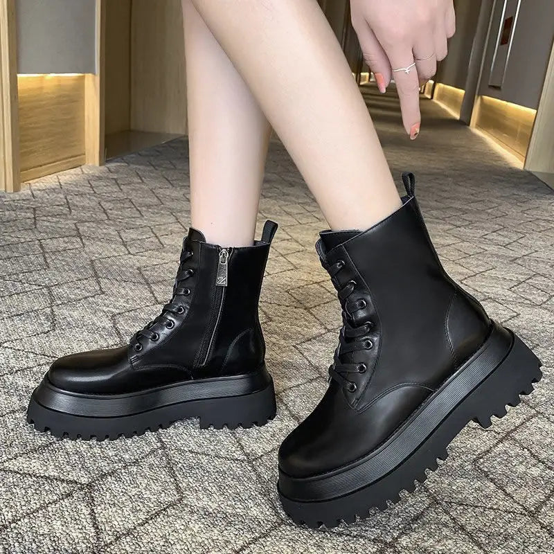 YiXin Fall Winter Boots for Women 2022 Thickened Warm Soft Side Zipper Plain Color Leather Boots Women Shoes